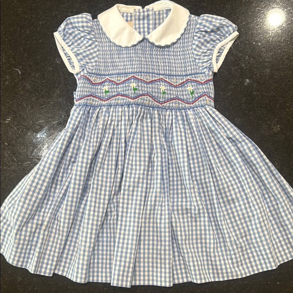 The Beaufort Bonnet Company Blue and White Pleated Sundress with Puff Sleeves